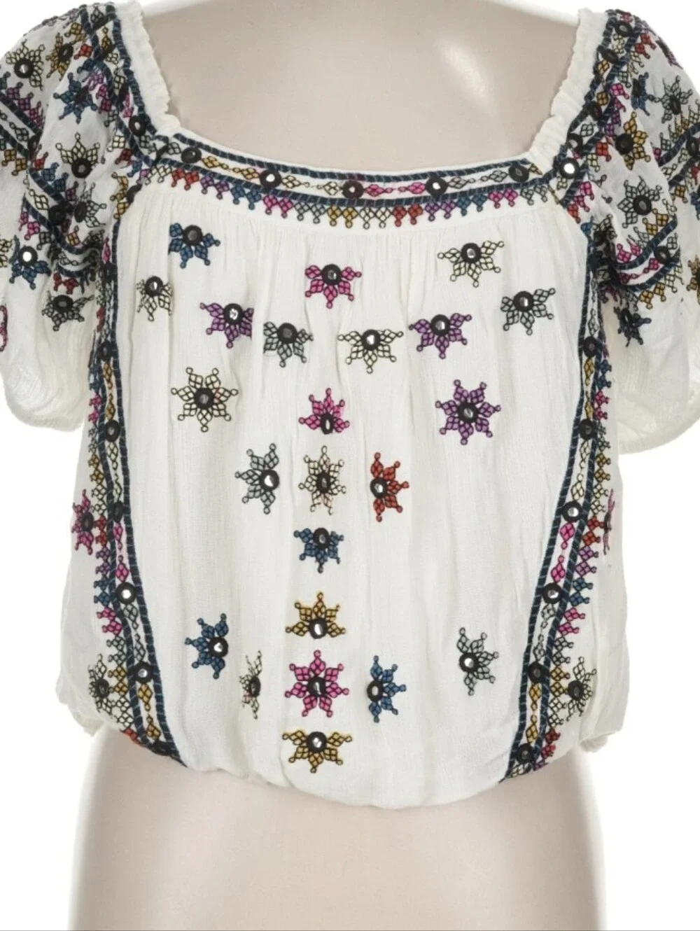 Free People Ivory Embroidered Boho Square-Neck Puff Sleeve Top
